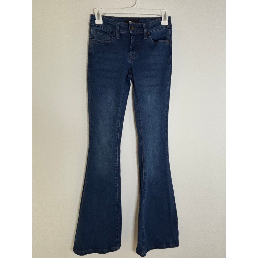Rise Supply Co Dark Wash Flare Jeans High Rise Stretch RSDM15LRFL1 Blue Denim 0